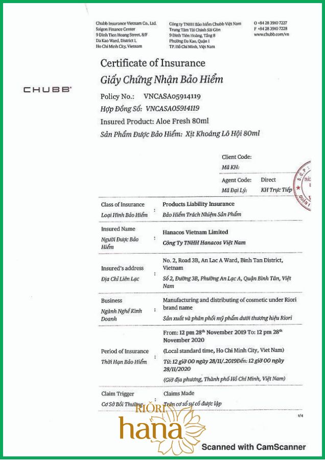 Giấy chứng nhận bảo hiểm xịt khoáng lô hội Aloe Fresh Riori của Tập đoàn CHUBB
